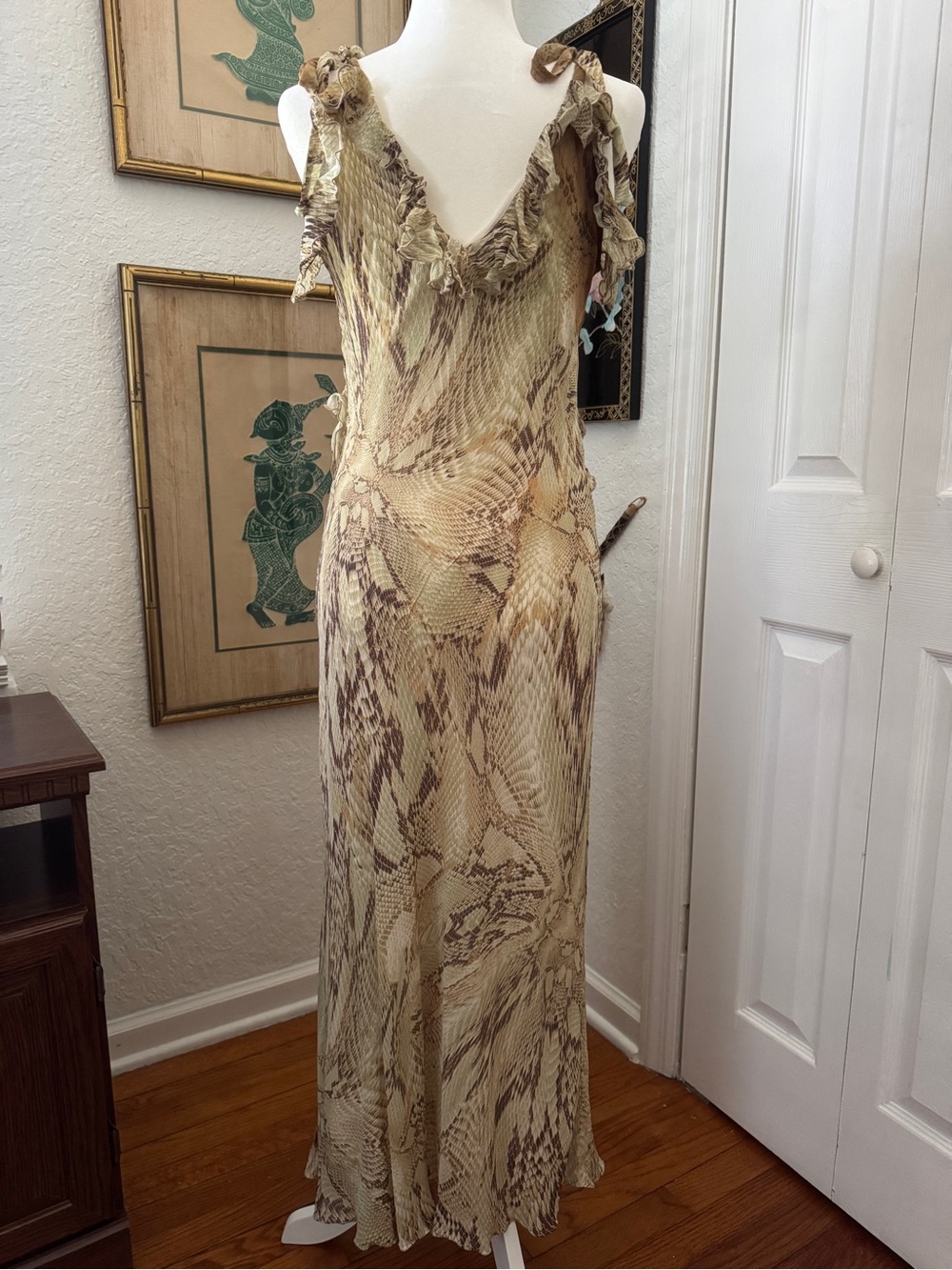Zara Snake Skin Print Ruffle Maxi Y2K Plunge V-Neck Maxi Dress - Picture 4 of 7
